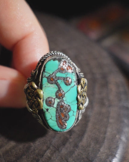 Turquoise & Red Coral Patch Ring | Sterling Silver & Brass with Auspicious Knot