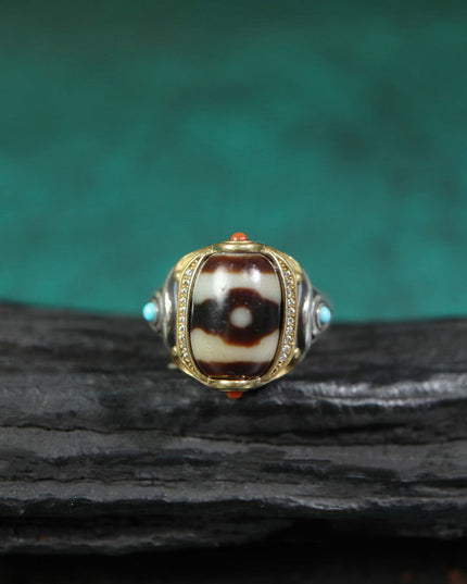 【Unique Item】Inlaid Agate Mandala Dzi Bead Ring
