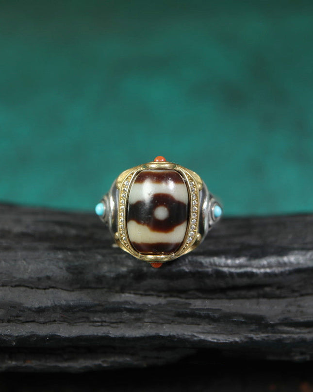 【Unique Item】Inlaid Agate Mandala Dzi Bead Ring