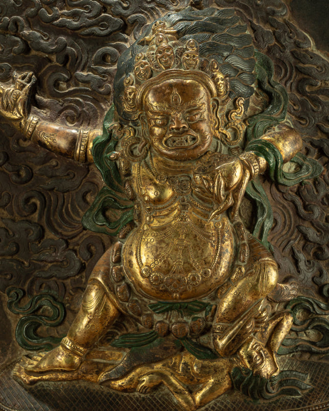 Wrathful Guardian – 19th Century Gilt Copper Vajrapani Repoussé Wall Thangka