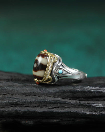 【Unique Item】Inlaid Agate Mandala Dzi Bead Ring
