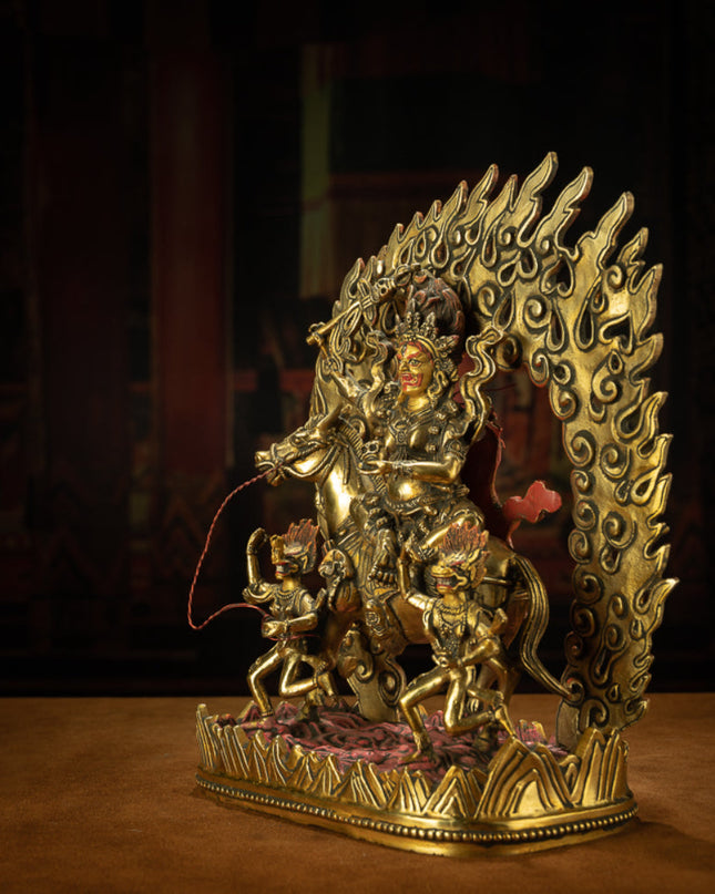 Golden Mahakala Goddess with Sacred Horse Statue for Protection & Strength
