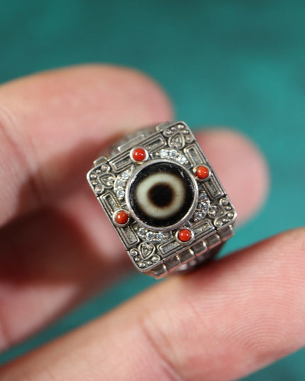 【Unique Item】Gau Box Live Mouth Dzi Beads Ring