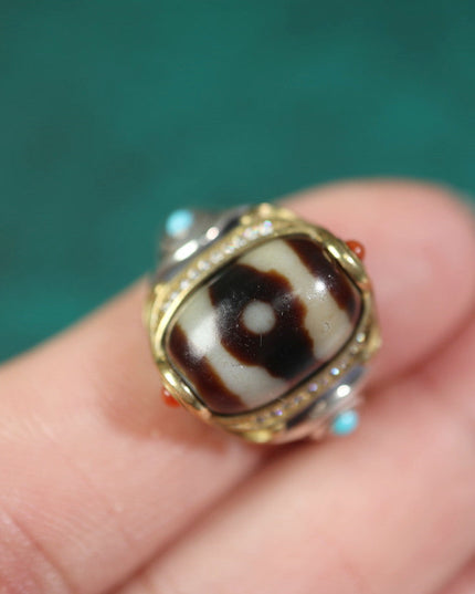 【Unique Item】Inlaid Agate Mandala Dzi Bead Ring