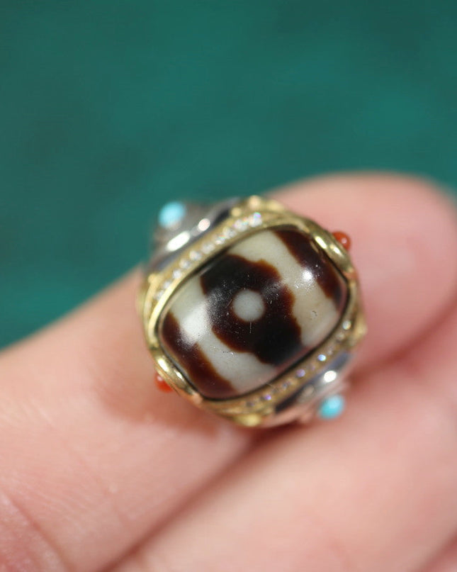 【Unique Item】Inlaid Agate Mandala Dzi Bead Ring