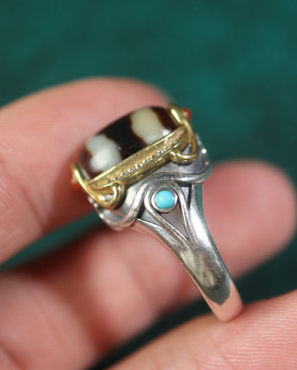 【Unique Item】Inlaid Agate Mandala Dzi Bead Ring