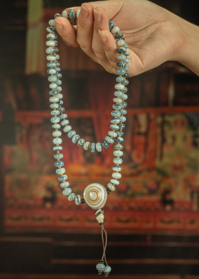 Blue Striped Agate 108 Beads Medicine Buddha Mala Necklace for Healing and Protection