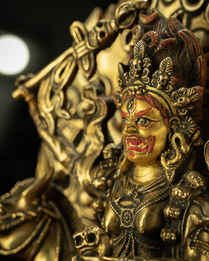 Golden Mahakala Goddess with Sacred Horse Statue for Protection & Strength