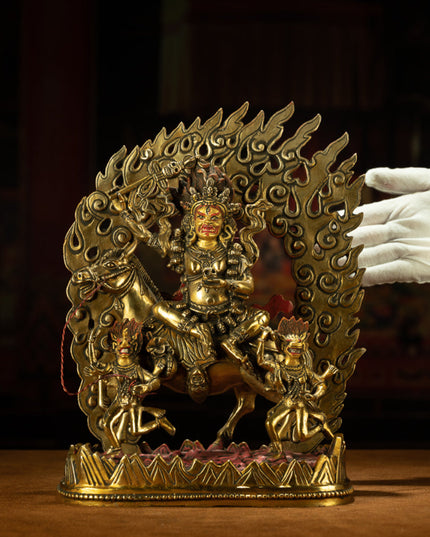Golden Mahakala Goddess with Sacred Horse Statue for Protection & Strength