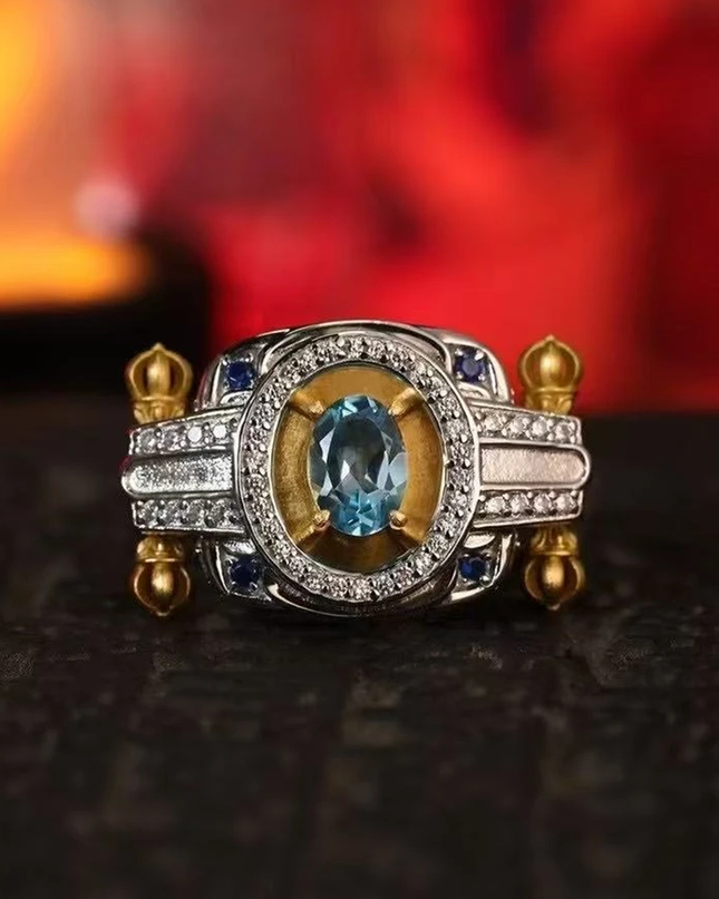 Vajra Ritual Ring: Padmasambhava's Symbol for Overcoming Obstacles & Divine Protection - Sterling Silver with  Blue Topaz