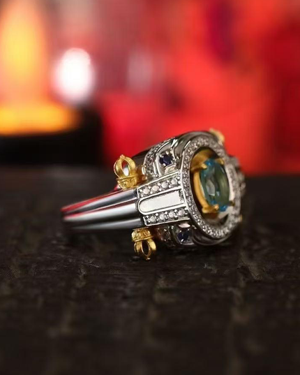 Vajra Ritual Ring: Padmasambhava's Symbol for Overcoming Obstacles & Divine Protection - Sterling Silver with  Blue Topaz