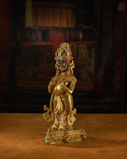 19th Century Zashi Lhamo Dharmapala God of Wealth Gilt Copper Painted Tibetan Buddha Statue From Sera Monastery