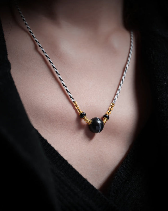 Lucky Protection Dzi Bead Necklace – Spiritual Energy with Gold-plated Details
