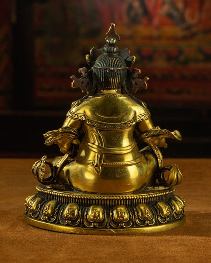 19th Century Yellow Jambhala Old Bronze Glit Antique Buddha Statue Sholdopal