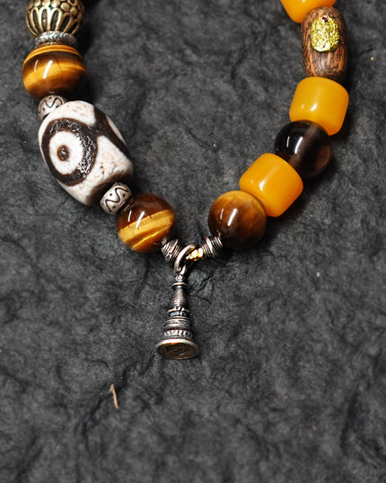 Protective Energy Three-Eyed Dzi Bead Bracelet Tibetan Vajra Silver Talisman