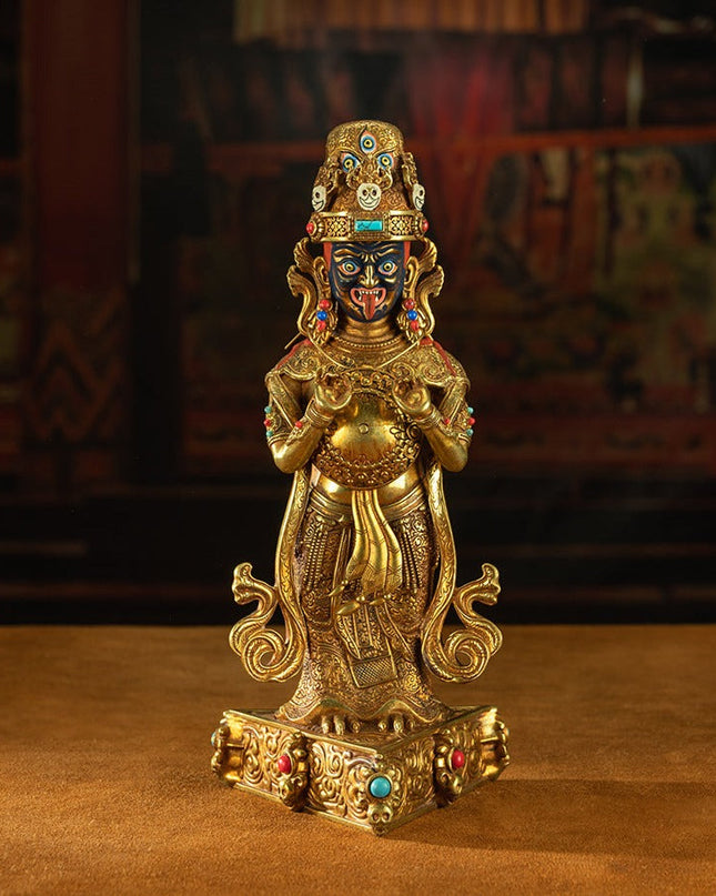 19th Century Zashi Lhamo Dharmapala God of Wealth Gilt Copper Painted Tibetan Buddha Statue From Sera Monastery