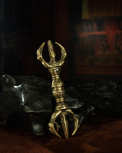 Qing Dynasty Trisula of Wrathful Vajra Yellow Copper Alloy Tibetan Ritual Item Antique
