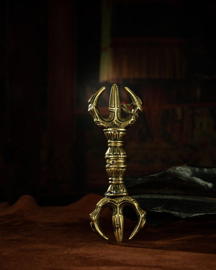 Qing Dynasty Trisula of Wrathful Vajra Yellow Copper Alloy Tibetan Ritual Item Antique