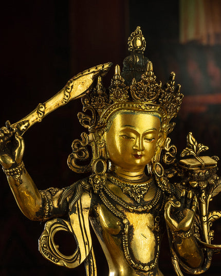 19th Century Manjusri Bodhisattva Tibet Antique Buddha Statue Yellow Lima gilt bronze Sera Monastery