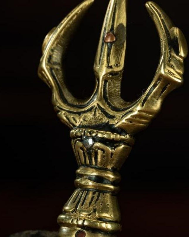 Qing Dynasty Trisula of Wrathful Vajra Yellow Copper Alloy Tibetan Ritual Item Antique