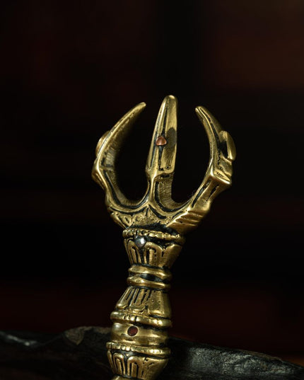 Qing Dynasty Trisula of Wrathful Vajra Yellow Copper Alloy Tibetan Ritual Item Antique