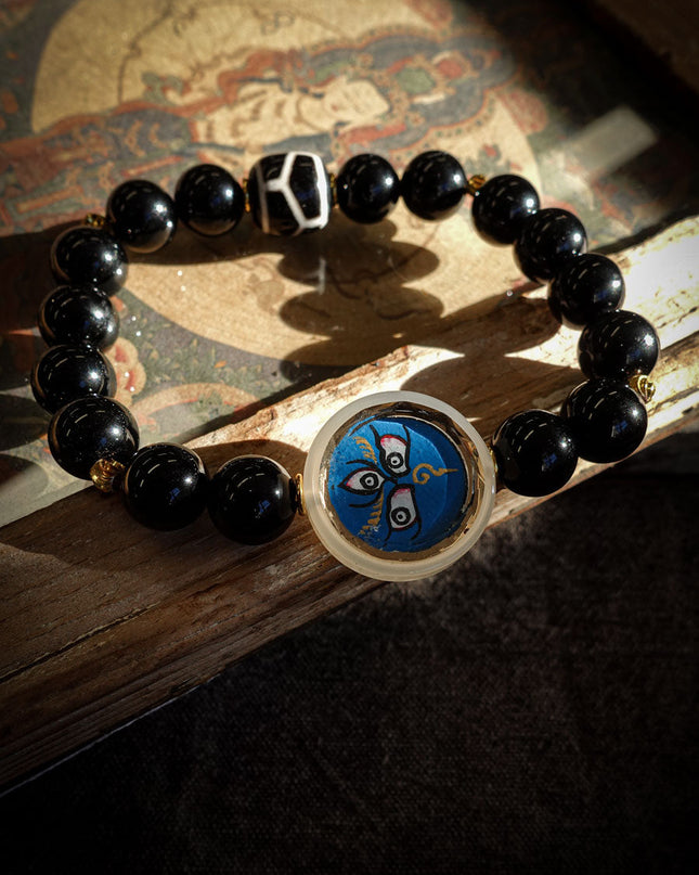 Tibetan Black Onyx Bracelet with Jambhala Buddha Eye & Turtle-Back Longevity Bead