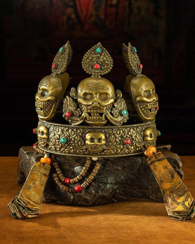 Qing Dynasty  Sita Vana's Dharma Protector Hat Yellow Lima Copper Inlaid With Coral and Turquoise Sakya Monastery