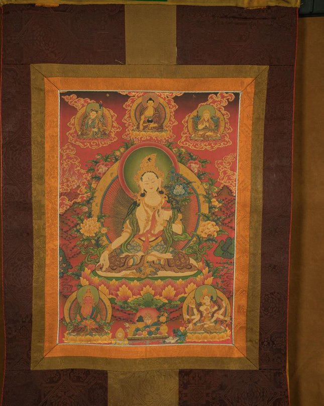 18th Century White Tara old thangka hand-painted Miantang School of Painting