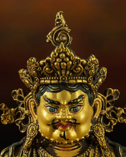 19th Century Yellow Jambhala Old Bronze Glit Antique Buddha Statue Sholdopal