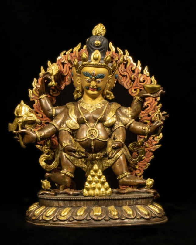 Qing Dynasty Tibetan Antique Statue Three-Faced Six-Armed Mahakala Gilded Dza Monastery
