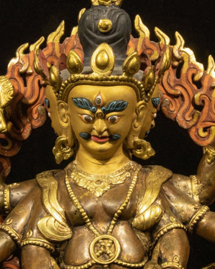 Qing Dynasty Tibetan Antique Statue Three-Faced Six-Armed Mahakala Gilded Dza Monastery
