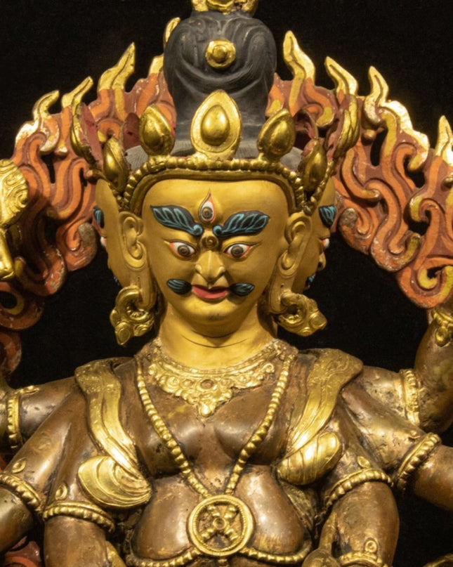 Qing Dynasty Tibetan Antique Statue Three-Faced Six-Armed Mahakala Gilded Dza Monastery