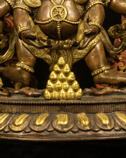 Qing Dynasty Tibetan Antique Statue Three-Faced Six-Armed Mahakala Gilded Dza Monastery