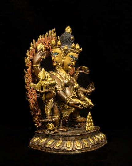 Qing Dynasty Tibetan Antique Statue Three-Faced Six-Armed Mahakala Gilded Dza Monastery