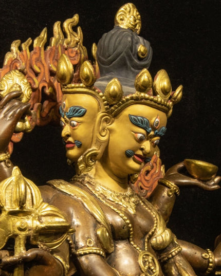 Qing Dynasty Tibetan Antique Statue Three-Faced Six-Armed Mahakala Gilded Dza Monastery
