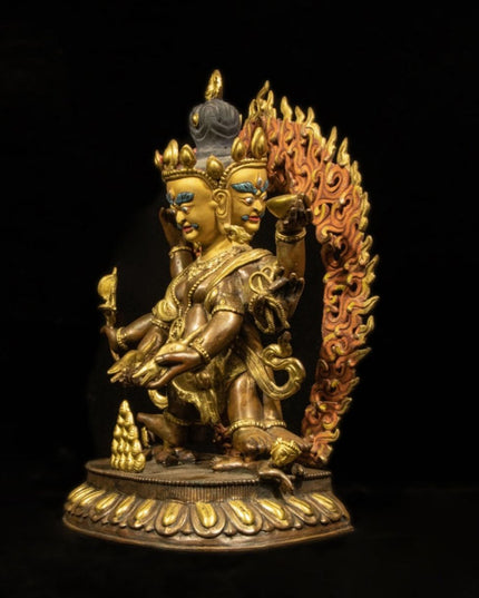 Qing Dynasty Tibetan Antique Statue Three-Faced Six-Armed Mahakala Gilded Dza Monastery