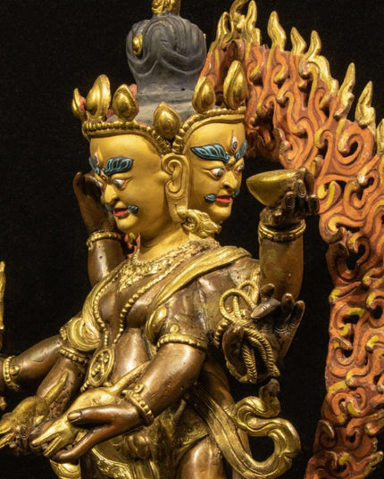 Qing Dynasty Tibetan Antique Statue Three-Faced Six-Armed Mahakala Gilded Dza Monastery