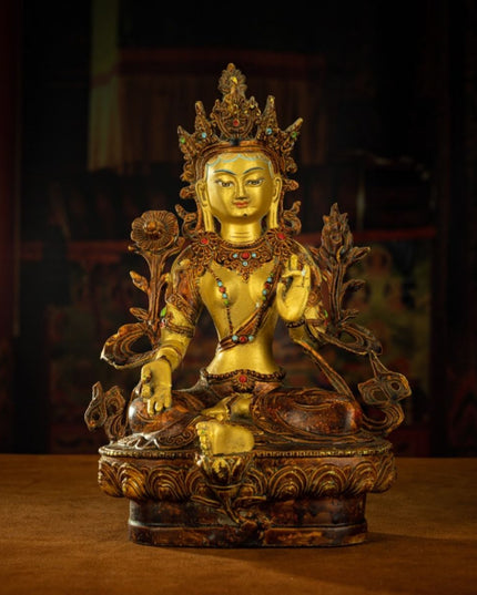 Qing Dynasty Tibetan Antique Green Tara Statue Gilded Clay from Potala Palace