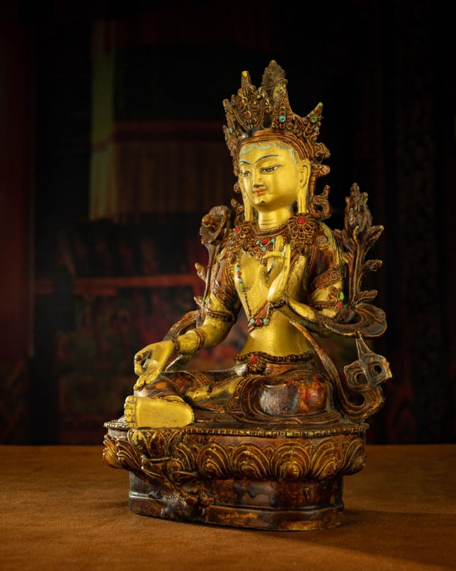 Qing Dynasty Tibetan Antique Green Tara Statue Gilded Clay from Potala Palace