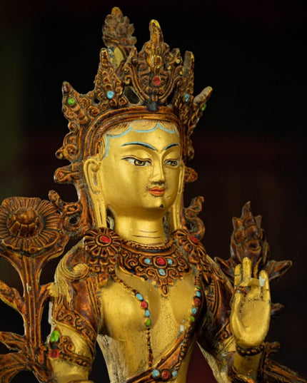 Qing Dynasty Tibetan Antique Green Tara Statue Gilded Clay from Potala Palace