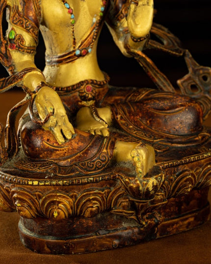 Qing Dynasty Tibetan Antique Green Tara Statue Gilded Clay from Potala Palace