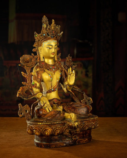 Qing Dynasty Tibetan Antique Green Tara Statue Gilded Clay from Potala Palace