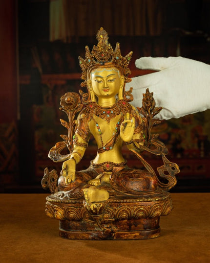 Qing Dynasty Tibetan Antique Green Tara Statue Gilded Clay from Potala Palace