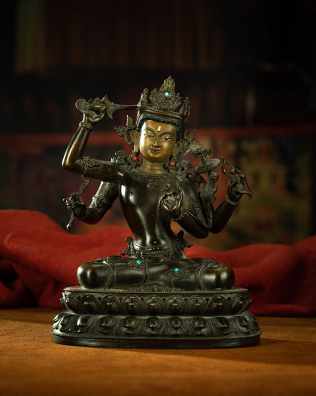 Qing Dynasty Tibetan Antique Statue Four-Armed Manjushri Copper Dza Monastery