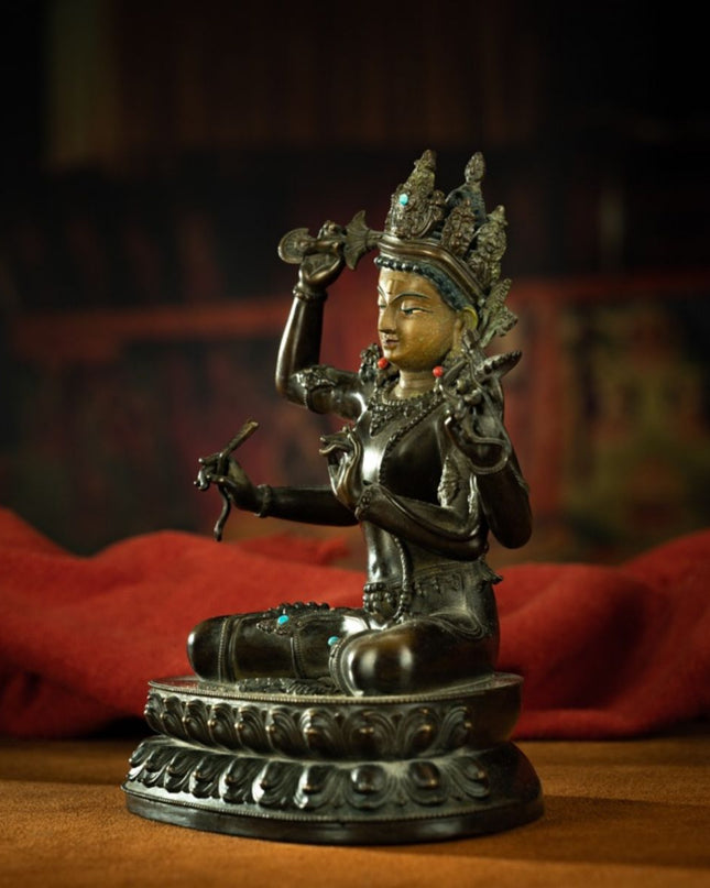 Qing Dynasty Tibetan Antique Statue Four-Armed Manjushri Copper Dza Monastery