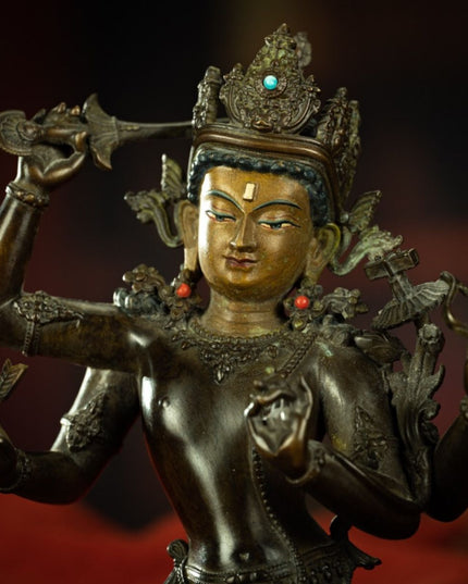 Qing Dynasty Tibetan Antique Statue Four-Armed Manjushri Copper Dza Monastery