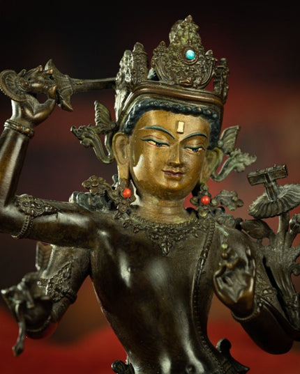 Qing Dynasty Tibetan Antique Statue Four-Armed Manjushri Copper Dza Monastery