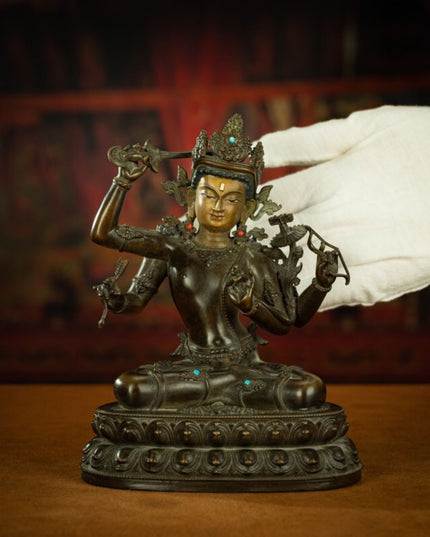 Qing Dynasty Tibetan Antique Statue Four-Armed Manjushri Copper Dza Monastery