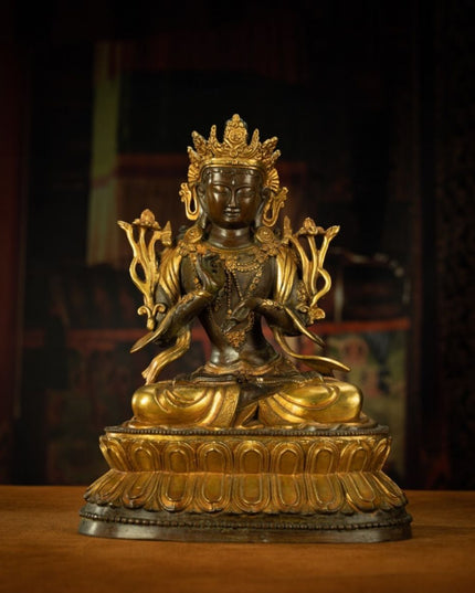 18th Century Tibetan Antique Statue Manjushri Giving Teachings Tibetan Gilt