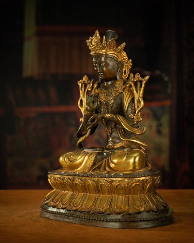18th Century Tibetan Antique Statue Manjushri Giving Teachings Tibetan Gilt
